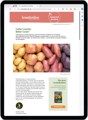 Abbildung: Ein Tablet mit Inhalten des Newsletters der Marke kraut&rüben zum Thema Saisonal kochen. 