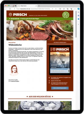 Abbildung: Ein Tablet mit Inhalten des Newsletters der Marke Pirsch zum Thema Wilde Küche. 