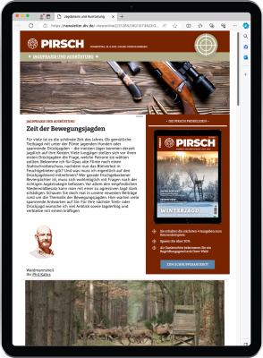 Abbildung: Ein Tablet mit Inhalten des Newsletters der Marke PIRSCH zum Thema Jagdpraxis und Ausrüstung. 