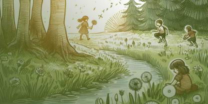 Zeichnung von Kindern im Wald mit Pusteblumen