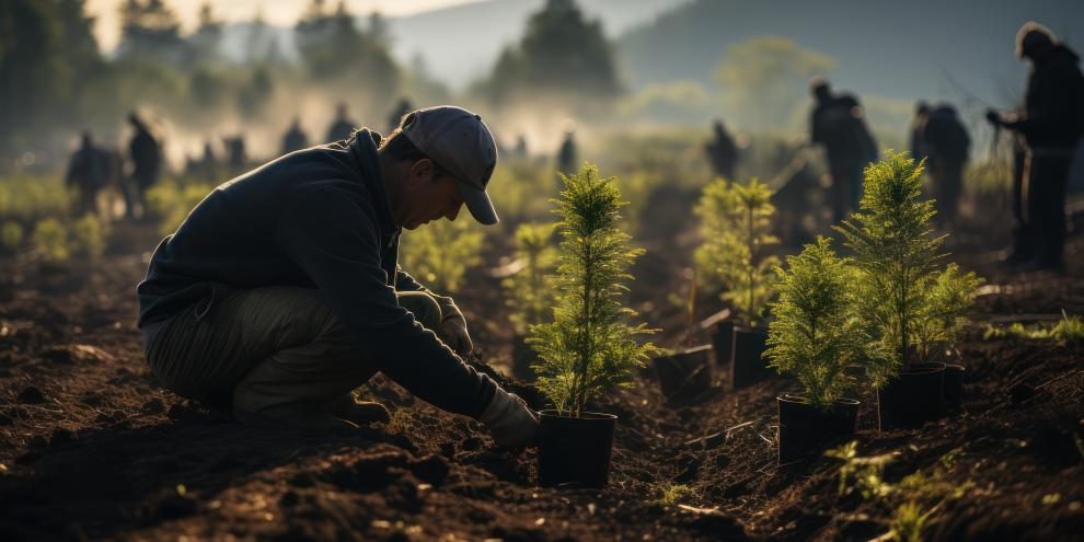 Auf einem Feld pflanzt ein Mann einen Baum in die Erde. Im Hintergrund tun dies weitere Menschen und man sieht Wälder und Berge. 