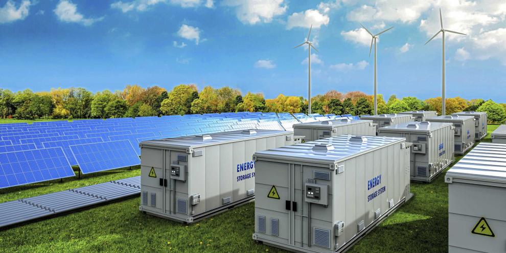 Batteriespeicher stehen vor einer PV-Anlage.