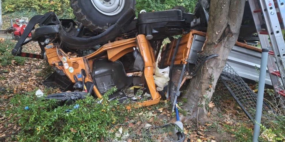 Ein Unimog mit Pferdeanhänger liegt an einem Baum