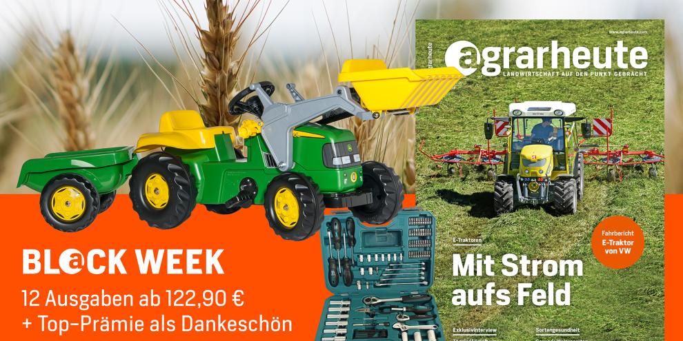 Black Week bei agrarheute: Jetzt John Deere-Trettraktor oder Makita Werkzeugkoffer gratis sichern!