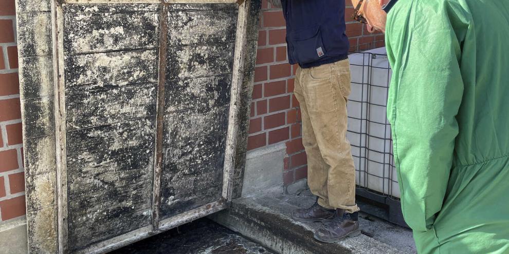 Patrick Wilhelmer (links) überprüft zusammen mit seinem Berater die Fließfähigkeit der Gülle.