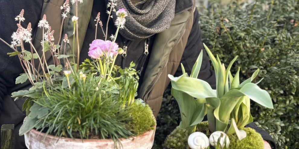 Galant gestaltete Tontöpfe mit ersten Frühlingsboten