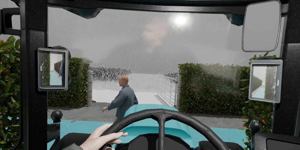 Diese KI-generierte Bild zeigt das Prinzip: Die Kameras blicken schon in die Straße, obwohl der Fahrer noch nichts sieht. Die Person vor dem Traktor wird von der Kamera erkannt und am Monitor warnt der rote Rahmen optisch vor der Gefahr.