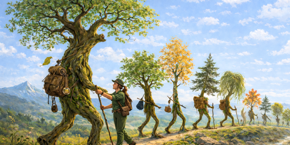 Wenn unterstütze Migration nur so leicht wäre - Das KI-generierte Titelbild der Stellungnahme des Wissenschaftlichen Beirates für Waldpolitik.