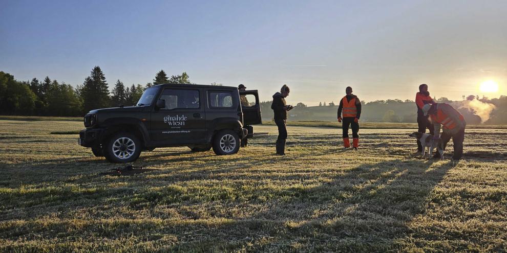 Im Morgengrauen rücken die Kitzrettungs-Teams am jeweiligen Einsatzort an.