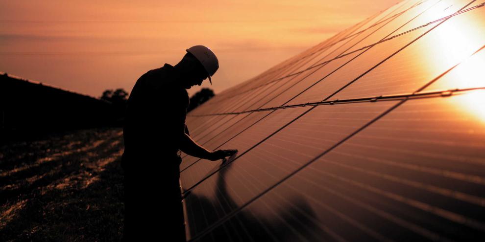 Ein Mann in einem Solarpark im Abendlicht