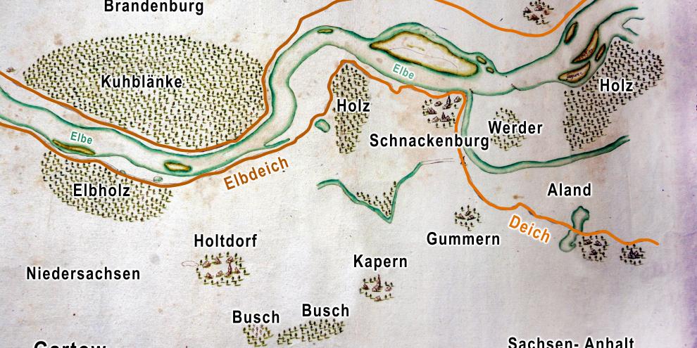 Abb. 1: Kulturlandschaft Elbaue 1686 bei Gartow und Lenzen. Die Flächen mit Bäumen waren Hölzer, Büsche, Weidegebiet für Rinder.
