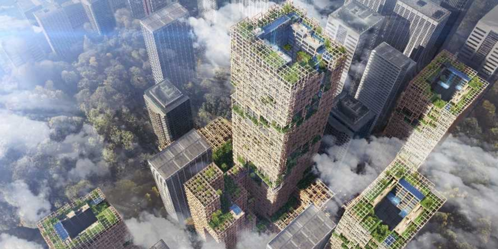 Extrembeispiel für künftigen Holzbau: 2041, zum 350. Bestehen des japanischen Sumitomo-Konzerns soll das 350 m hohe Holz-Hybrid-Hochhaus W350 Realität werden.
