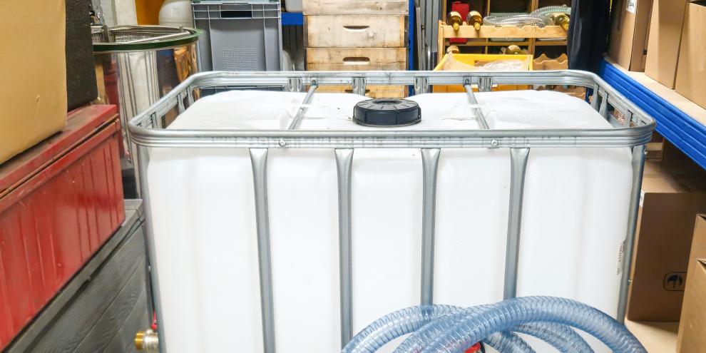 Im IBC-Container lassen sich mit einer Wasserpumpe einfach und billig größere Futtermengen anmischen.