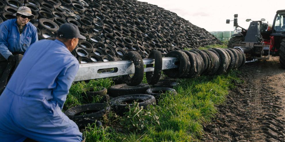 Der 7 m lange Tyre Tosser wird mit Pkw-Reifen beladen. Bis zu 35 Reifen finden auf der Maschine Platz.