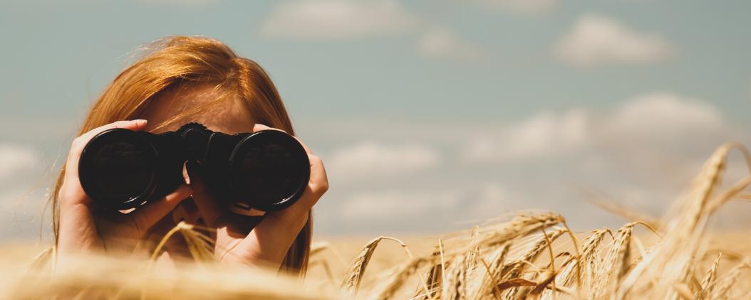 Eine rothaarige Frau schaut mit einem Fernglas direkt in die Kamera. Sie befindet sich in einem Kornfeld mit den Ähren auf Kopfhöhe