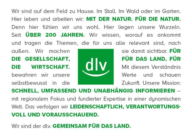 Das dlv-Logo, inmitten des Manifestes, in dem die Werte und Leitlinien des Verlages als Prosa formuliert sind. Das Logo und die wichtigen Passagen sind in grün gedruckt, der Rest ist schwarz auf weiß. 