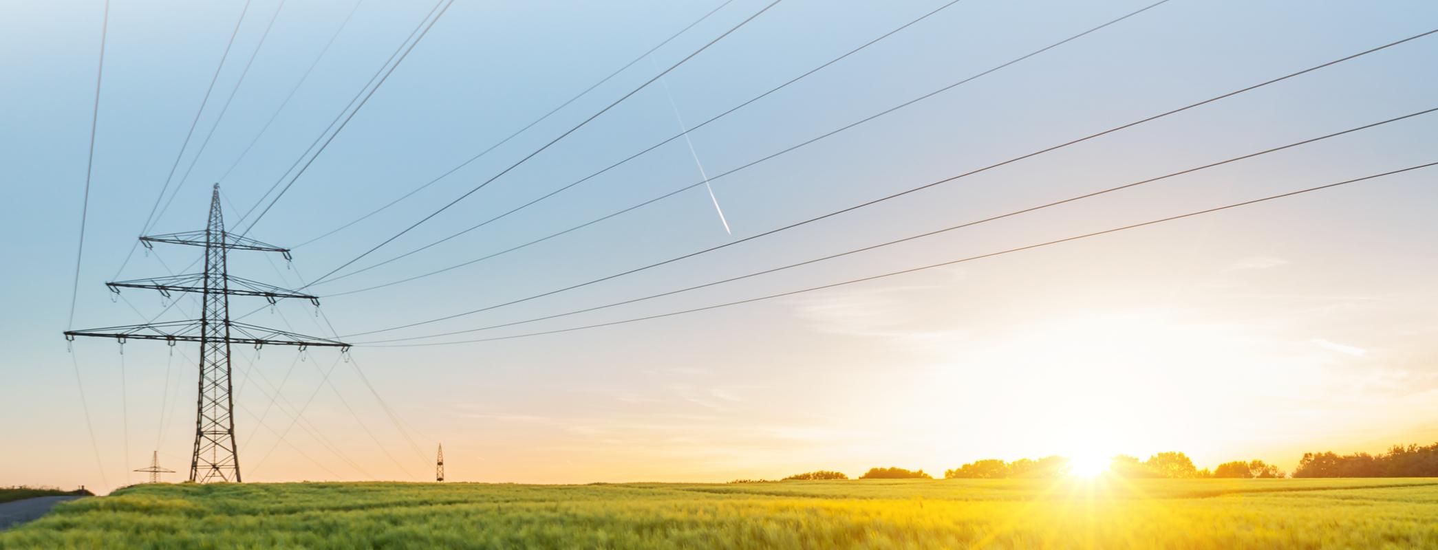 Ein Strommast steht im Sonnenaufgang auf einer weitläufigen, grünen Wiese. 
