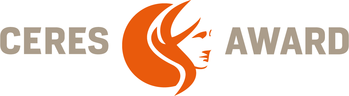 Abbildung: Eine Portraitabbildung der griechischen Göttin Ceres in Orange und daneben der Schriftzug "Ceres-Award" bilden das Logo des gleichnamigen Events. 