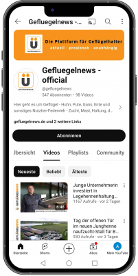 Ein Smartphone mit Inhalten des YouTube-Kanals der GEFLÜGELNEWS