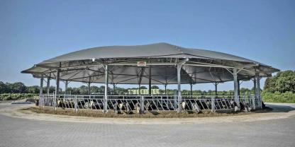 Ein Roundhouse-Rindermaststall auf einem Bauernhof