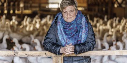 Iris Tapphorn hält auf ihrem Betrieb in Lohne in einem geschlossenen Kreislauf Gänse: von der Zucht der Elterntiere über Brüterei, Aufzucht und Schlachtung bis hin zur Federverarbeitung.
