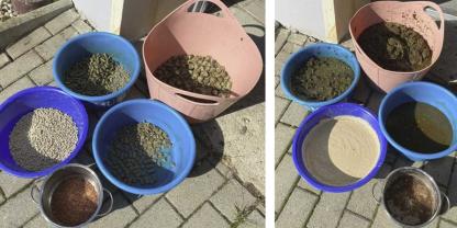 Ein abgemagertes Pferdwieder aufzupäppeln kostet viele Ressourcen: Zeit, Geld, eine gute Logistik und besonders schmackhafte Zutaten. Das verdeutlicht die hier abgebildete Beispielmahlzeit für einen rippigen 22-jährigen Warmblutwallach, einmal trocken und rechts frisch eingeweicht.