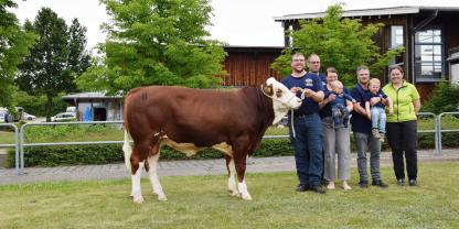 Ein wunderschöner Stier wechselt den Besitzer: Melodie Pp mit seinen Züchtern (v. l.) Florian Götz und Andreas Böhm sowie Julia Götz mit Fabian, Stefan Madlener mit Felix Götz sowie Franziska Raps vom Besamungsverein Neustadt, die den Stier ersteigerte.
