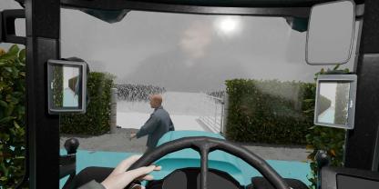 Diese KI-generierte Bild zeigt das Prinzip: Die Kameras blicken schon in die Straße, obwohl der Fahrer noch nichts sieht. Die Person vor dem Traktor wird von der Kamera erkannt und am Monitor warnt der rote Rahmen optisch vor der Gefahr.