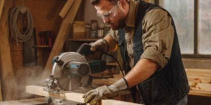 Landwirt in Werkstatt mit Akku-Handkreissäge von Makita. (Symbolbild mit KI erzeugt)