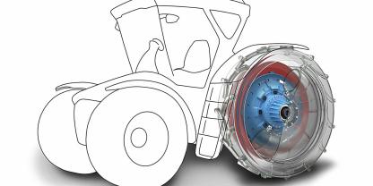 <b><i>Visualisierung Großtraktor</i></b> mit Wasserstoffspeicher im Hinterrad.  Quelle: Hörmann Vehicle Engineering