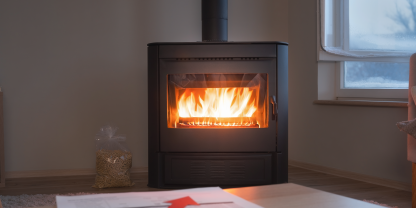 Moderner Pelletofen in einem Wohnzimmer, daneben Holzpellets und eine Heizkostenrechnung mit steigenden Preisen (Symbolbild mit KI erstellt)