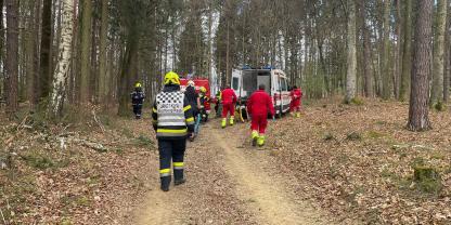 Die Feuerwehr rückte an, um den verunfallten Waldarbeiter aus unwegsamem Gelände zu bergen. Der Mann war unter einem Baum eingeklemmt.