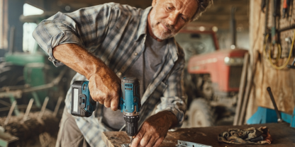 Landwirt arbeitet in Werkstatt mit Akku-Bohrschrauber an Metallteil auf dem Hof