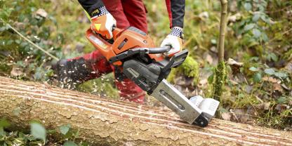 „Rindenschlitzen“ mit der Motorsäge: Mit dem speziellen Aufsatz mit Streifenmessern wird die Rinde in feine Streifen geschnitten.