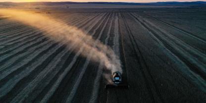 Traktor auf einem riesigen Feld im Abendlicht