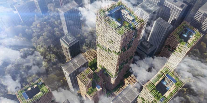 Extrembeispiel für künftigen Holzbau: 2041, zum 350. Bestehen des japanischen Sumitomo-Konzerns soll das 350 m hohe Holz-Hybrid-Hochhaus W350 Realität werden.