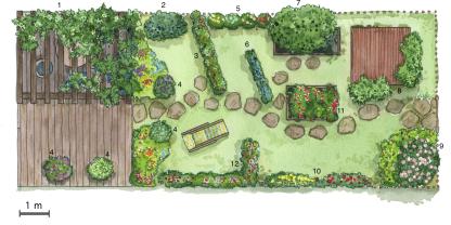 Gartenplan für einen Reihenhausgarten mit vielen Obstgehölzen