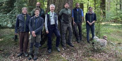 Teilnehmende der Exkursion vor einer mächtigen Douglasie: v. l. n. r. Leonhard Steinacker (LWF), Konrad Gebhard (LWF), Hermann Stocker (BaySF), Dr. Peter Pröbstle (LWF), Martin Pohl (BaySF), Markus Riebler (AELF Augsburg) und Marie Neufanger (LWF).