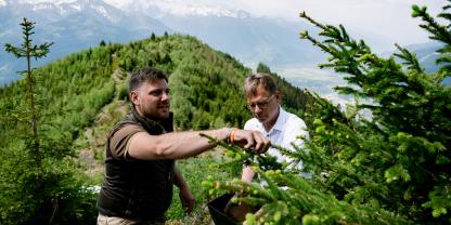 Braumeister Axel Kiesbye (r.) und ÖBf-Revierleiter Franz Gruber bei der Ernte der Waldbier-Zutaten