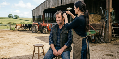 Mobile Friseurin schneidet Landwirt auf dem Hof die Haare (Bild mit KI erzeugt)